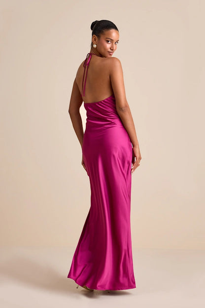 Halter Neck Satin Evening Dresses with Keyhole Detail, Open Back and High Slit Formal Gown