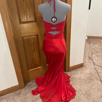 Halter Neck Velvet Evening Dress with Crisscross Back Cutout, Rhinestone Detail and Train