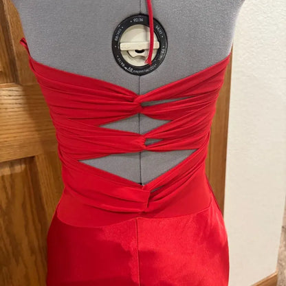 Halter Neck Velvet Evening Dress with Crisscross Back Cutout, Rhinestone Detail and Train