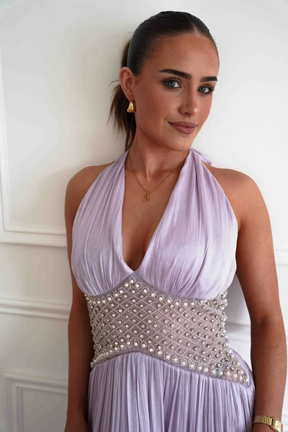 Halter V-Neck Beaded Waist Pleated Chiffon A-Line Prom Dresses