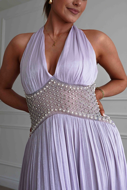 Halter V-Neck Beaded Waist Pleated Chiffon A-Line Prom Dresses