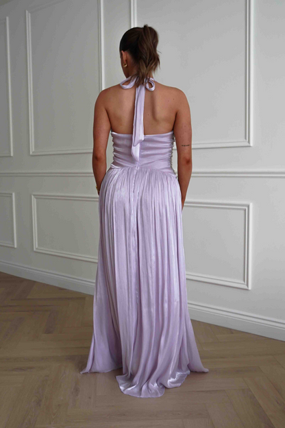 Halter V-Neck Beaded Waist Pleated Chiffon A-Line Prom Dresses