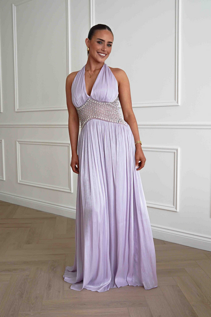 Halter V-Neck Beaded Waist Pleated Chiffon A-Line Prom Dresses
