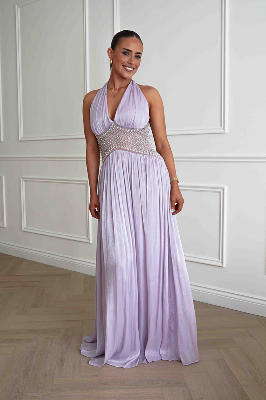 Halter V-Neck Beaded Waist Pleated Chiffon A-Line Prom Dresses
