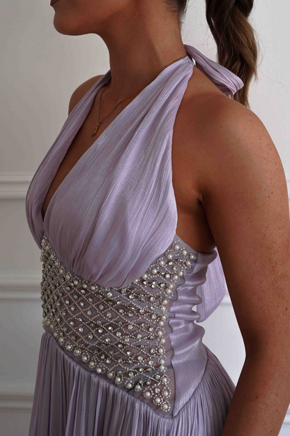 Halter V-Neck Beaded Waist Pleated Chiffon A-Line Prom Dresses