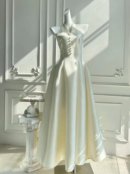 Halter Neck Satin Evening Dress with Beaded Trim, Button Detail and Full Skirt