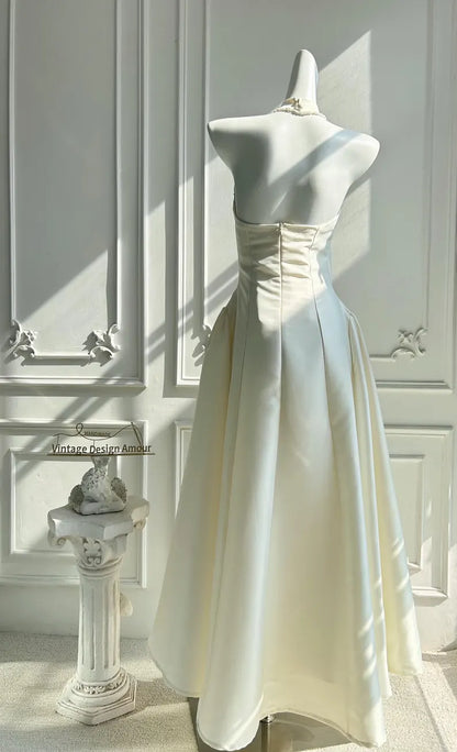 Halter Neck Satin Evening Dress with Beaded Trim, Button Detail and Full Skirt