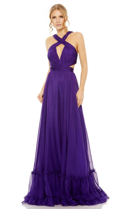 Hanging collar off shoulder sleeveless sheer backless and floor length evening dress