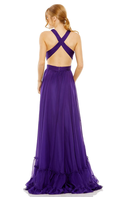 Hanging collar off shoulder sleeveless sheer backless and floor length evening dress