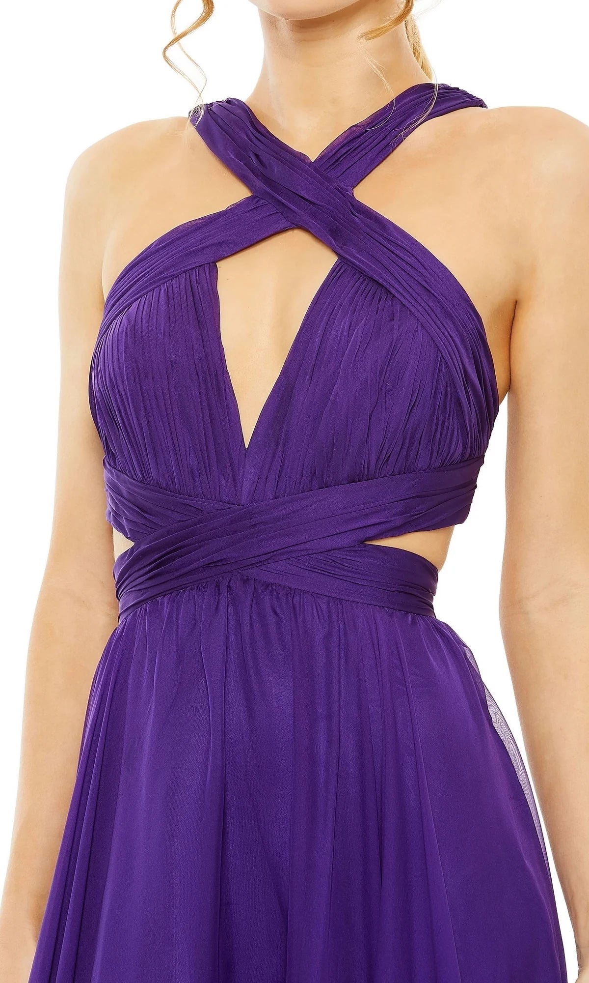 Hanging collar off shoulder sleeveless sheer backless and floor length evening dress