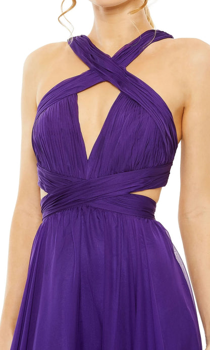 Hanging collar off shoulder sleeveless sheer backless and floor length evening dress