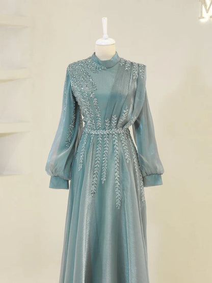 High Neck Evening Dress with Sheer Puffed Sleeves, Beaded Embroidery and Flowing Skirt