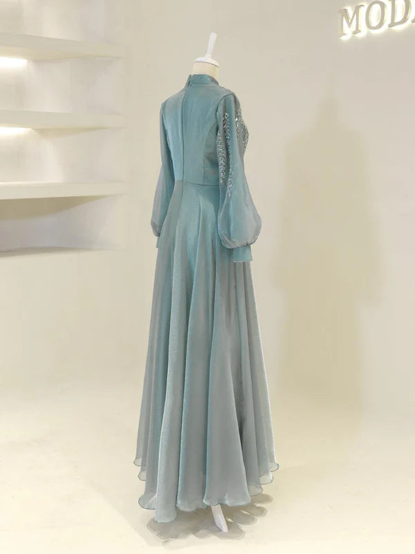 High Neck Evening Dress with Sheer Puffed Sleeves, Beaded Embroidery and Flowing Skirt
