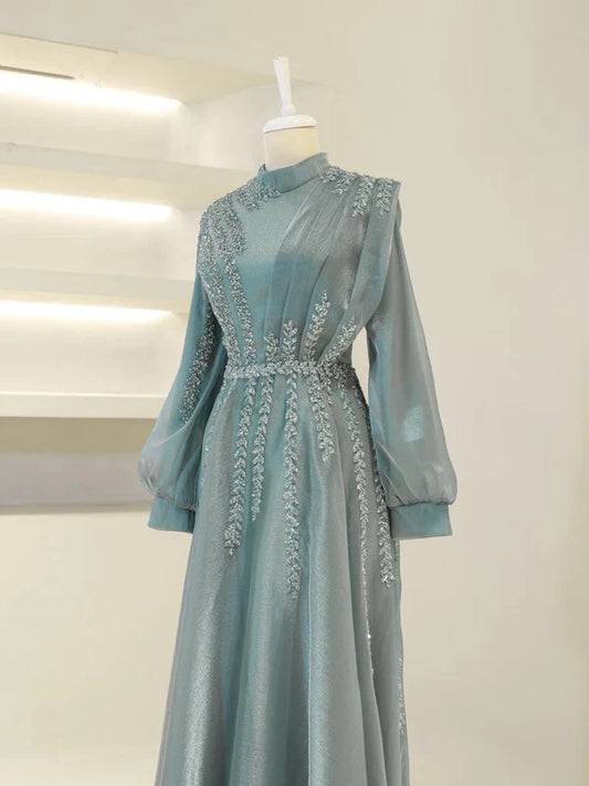 High Neck Evening Dress with Sheer Puffed Sleeves, Beaded Embroidery and Flowing Skirt