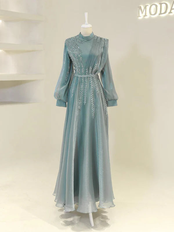 High Neck Evening Dress with Sheer Puffed Sleeves, Beaded Embroidery and Flowing Skirt
