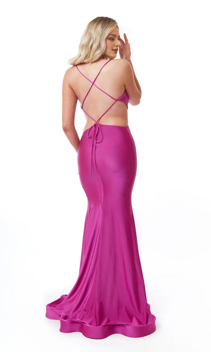 Hooded collar sleeveless slim shoulder strap exposed back side slit and floor length evening dress
