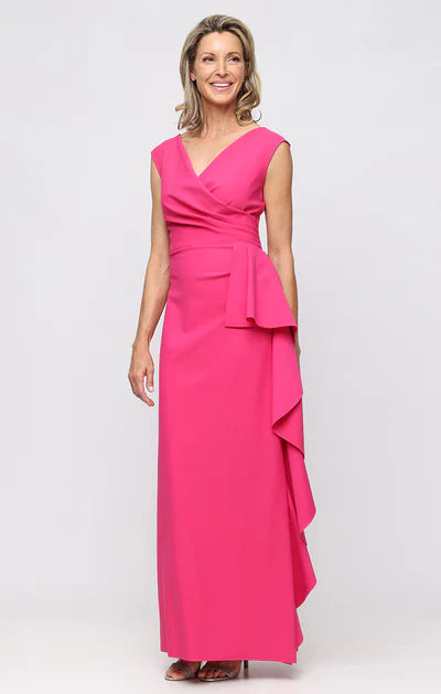 Hot Pink Crepe Cap Sleeve Wrap V-Neck Ruched Side Cascade Ruffle Mermaid Floor Length Mother of the Bride Dresses