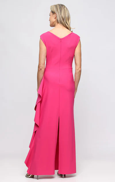 Hot Pink Crepe Cap Sleeve Wrap V-Neck Ruched Side Cascade Ruffle Mermaid Floor Length Mother of the Bride Dresses