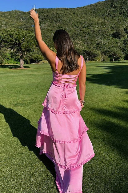 Hot Pink Satin Ruffle Tiered Evening Dresses Lace Up Back High Slit Maxi Formal Gown