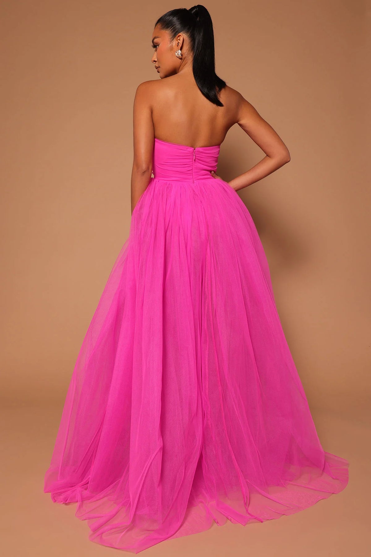 Hot Pink Strapless Sweetheart Ruched Tulle Slit A Line Evening Dress