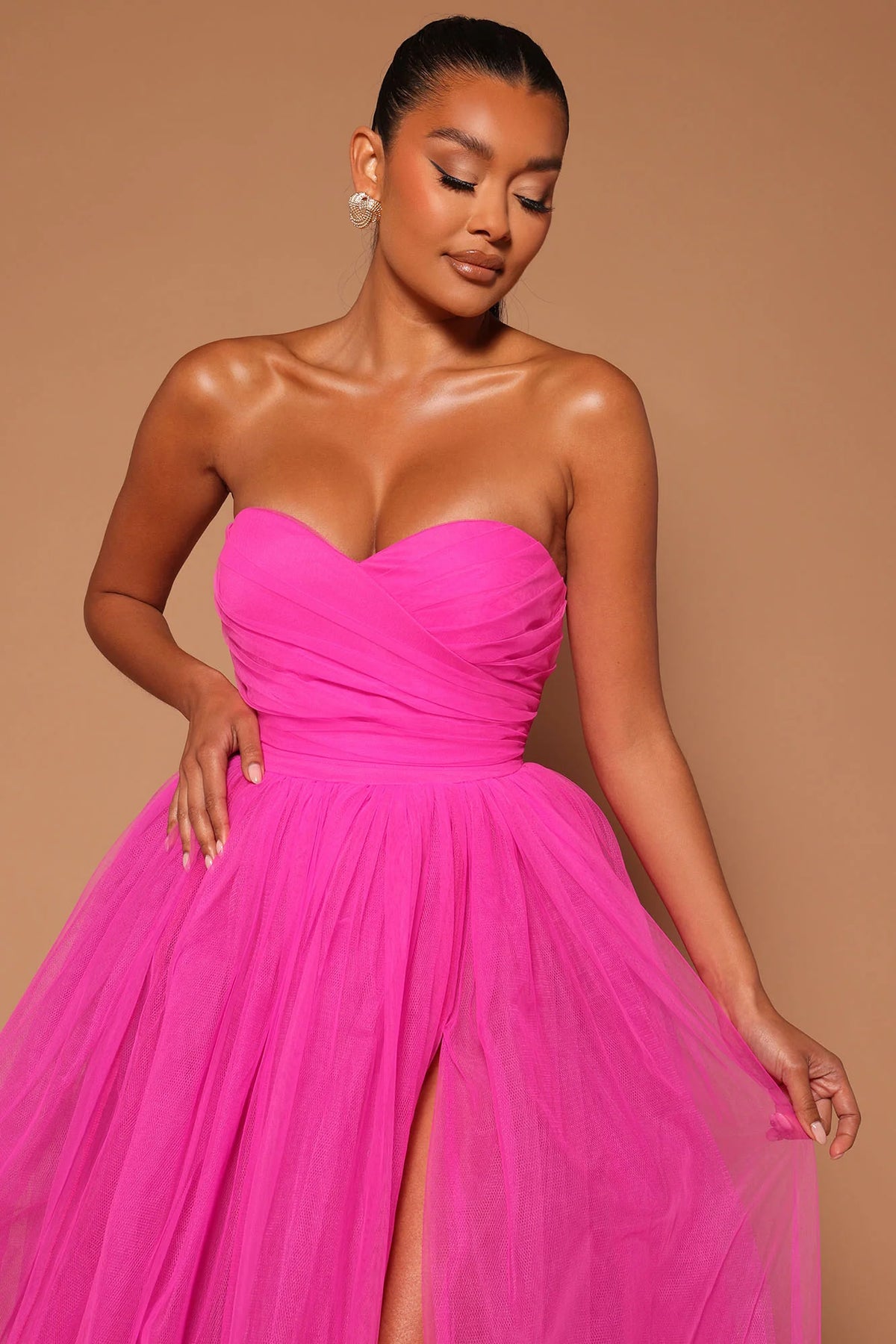 Hot Pink Strapless Sweetheart Ruched Tulle Slit A Line Evening Dress