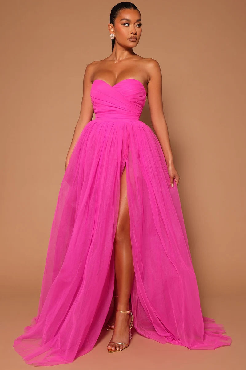 Hot Pink Strapless Sweetheart Ruched Tulle Slit A Line Evening Dress