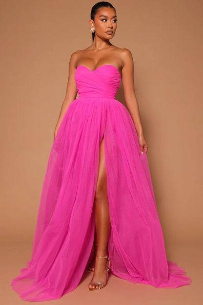 Hot Pink Strapless Sweetheart Ruched Tulle Slit A Line Evening Dress