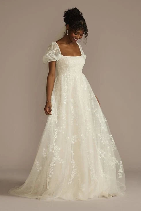 Ivory Floral Embroidery Tulle Square Puff Short Sleeve Low Back A-line Chapel Train Wedding Dresses