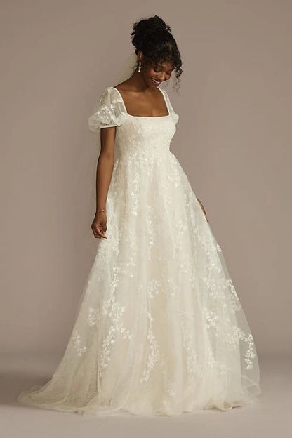 Ivory Floral Embroidery Tulle Square Puff Short Sleeve Low Back A-line Chapel Train Wedding Dresses