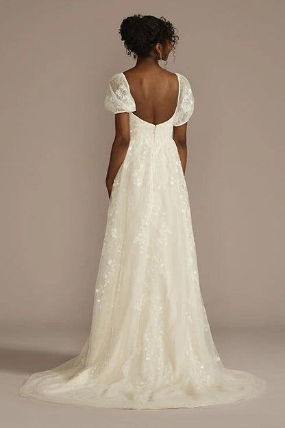 Ivory Floral Embroidery Tulle Square Puff Short Sleeve Low Back A-line Chapel Train Wedding Dresses