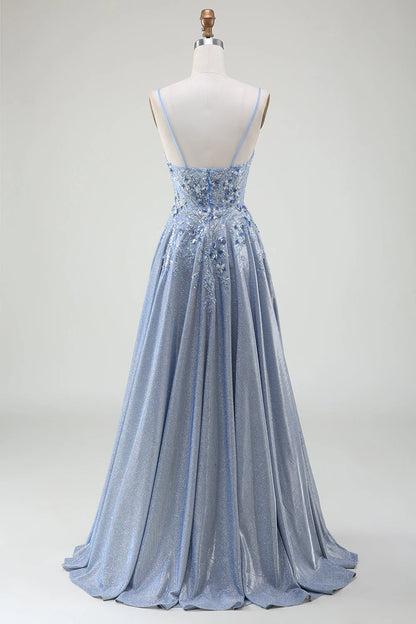 Sequin A-line thin shoulder strap gray blue prom dress