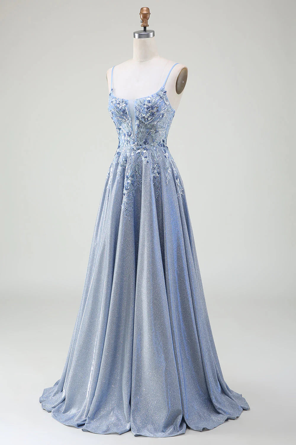 Sequin A-line thin shoulder strap gray blue prom dress