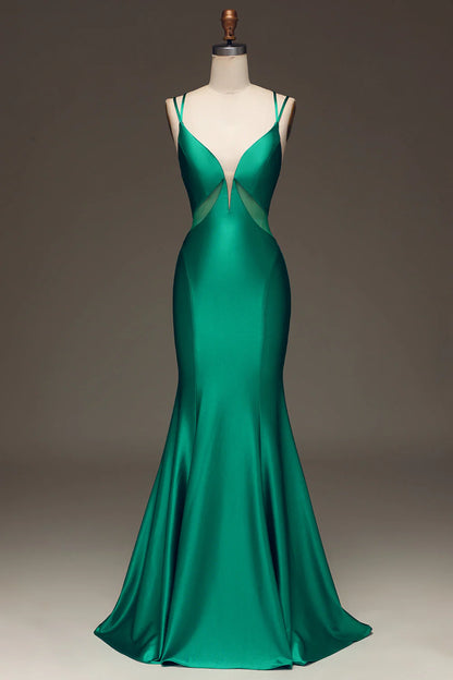 Green deep V-neck satin fishtail tie prom dress