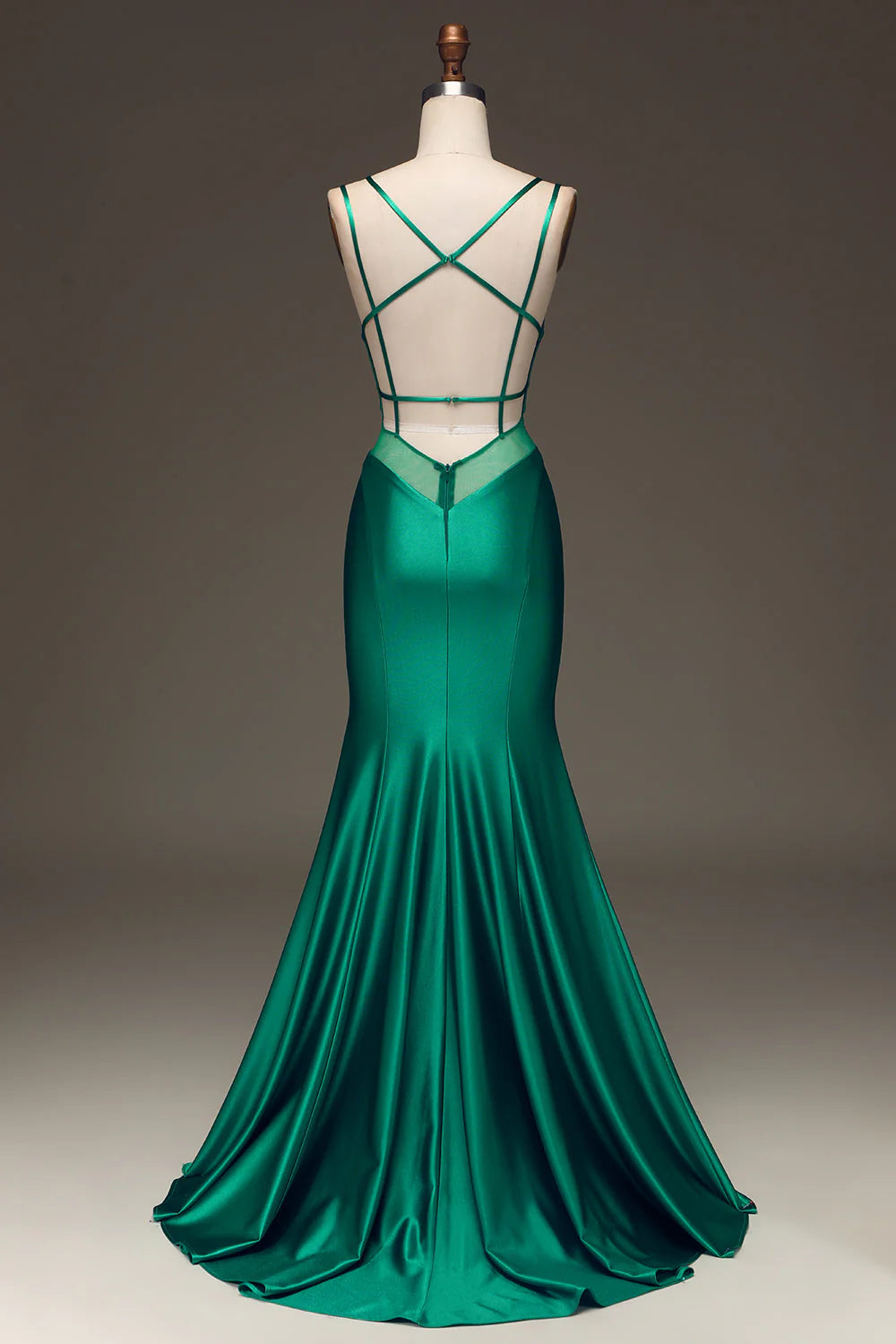 Green deep V-neck satin fishtail tie prom dress
