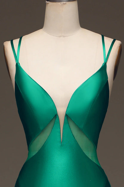 Green deep V-neck satin fishtail tie prom dress