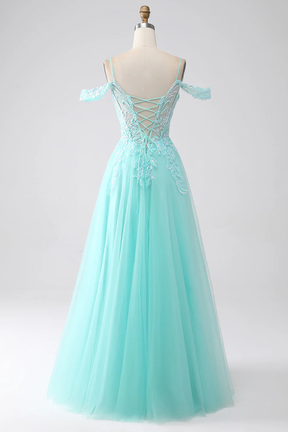 Light green off shoulder sequin prom dress