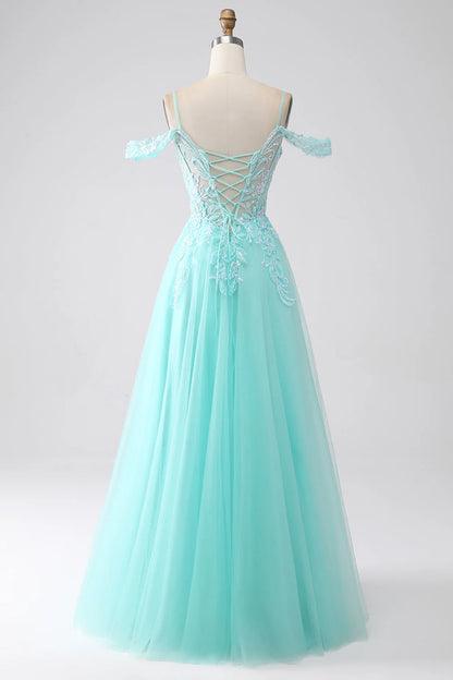 Light green off shoulder sequin prom dress