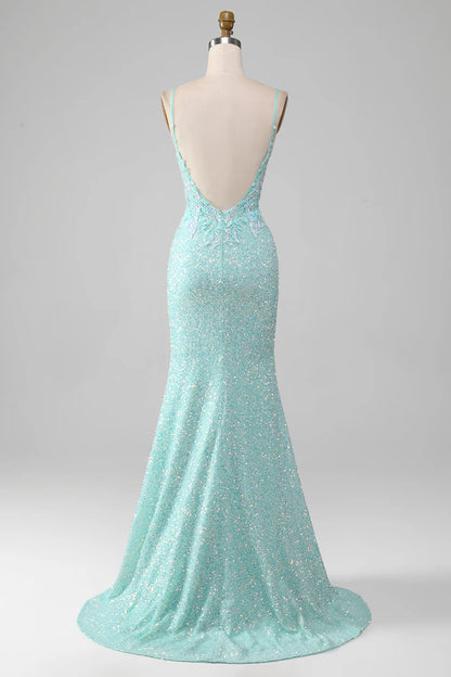 Shiny sequin slit fish tail prom dress