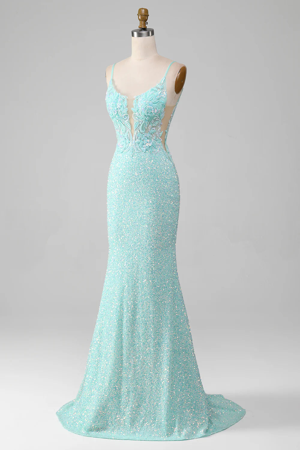 Shiny sequin slit fish tail prom dress