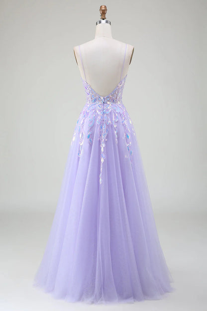 Sparkling A-shaped purple prom dress