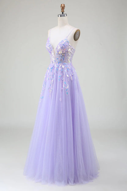 Sparkling A-shaped purple prom dress