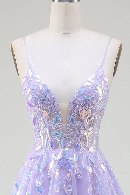 Sparkling A-shaped purple prom dress