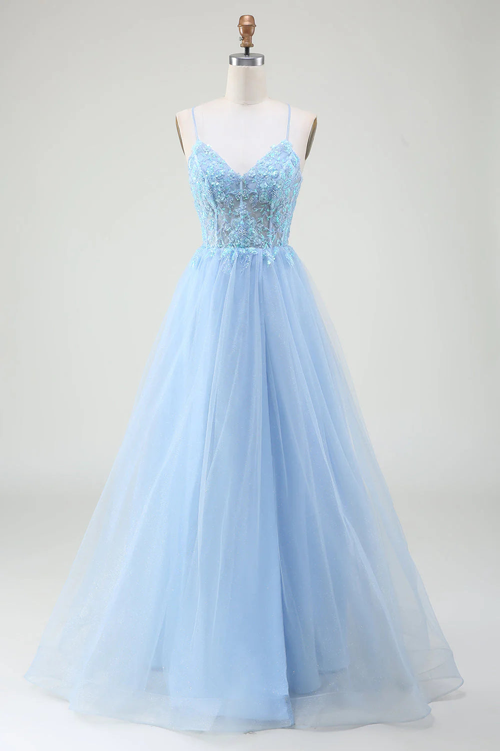 Light blue beaded tight fitting corset prom dress