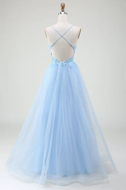 Light blue beaded tight fitting corset prom dress