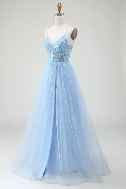 Light blue beaded tight fitting corset prom dress