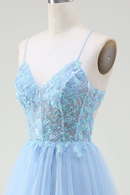 Light blue beaded tight fitting corset prom dress