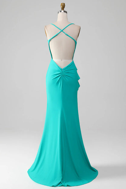 Turquoise color thin shoulder strap with exposed back mermaid pleated prom dress