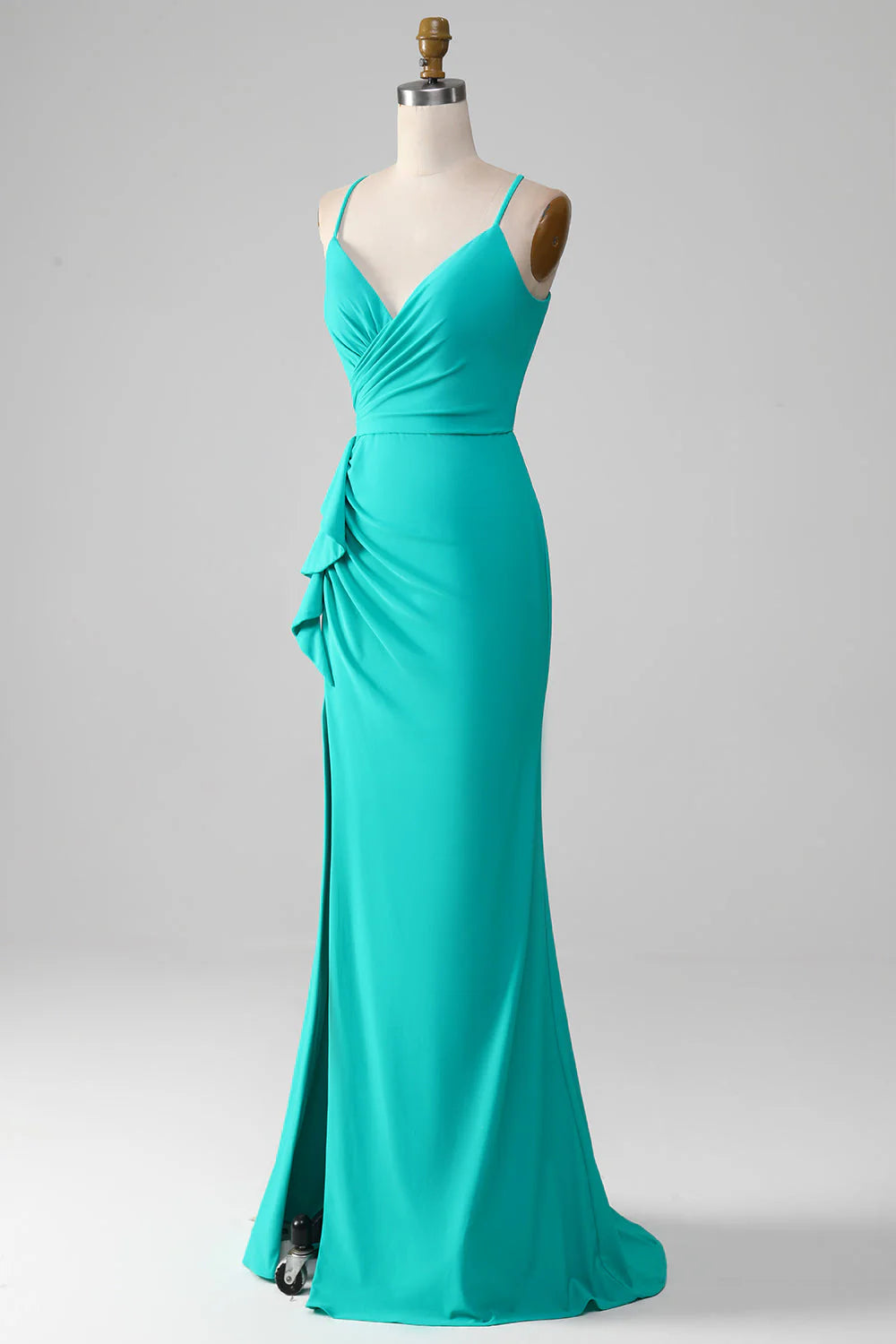 Turquoise color thin shoulder strap with exposed back mermaid pleated prom dress