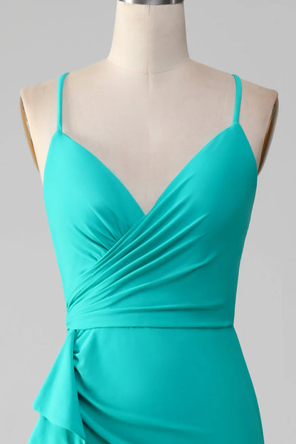 Turquoise color thin shoulder strap with exposed back mermaid pleated prom dress