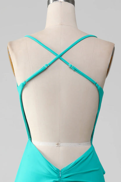 Turquoise color thin shoulder strap with exposed back mermaid pleated prom dress
